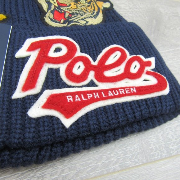 Polo Ralph Lauren Patch RL Tiger Navy Blue Skull Beanie Cap One Size NEW - Picture 4 of 10